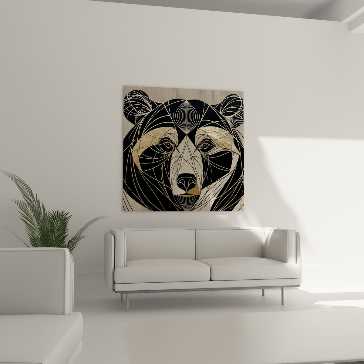 Motif vectoriel d'ours brun anthracite et doré au-dessus d'un canapé dans un salon lumineux