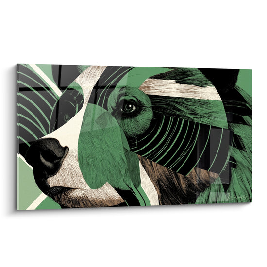 Portrait d'ours brun fragmenté en vert sauge, noir et crème, style géométrique et gravé