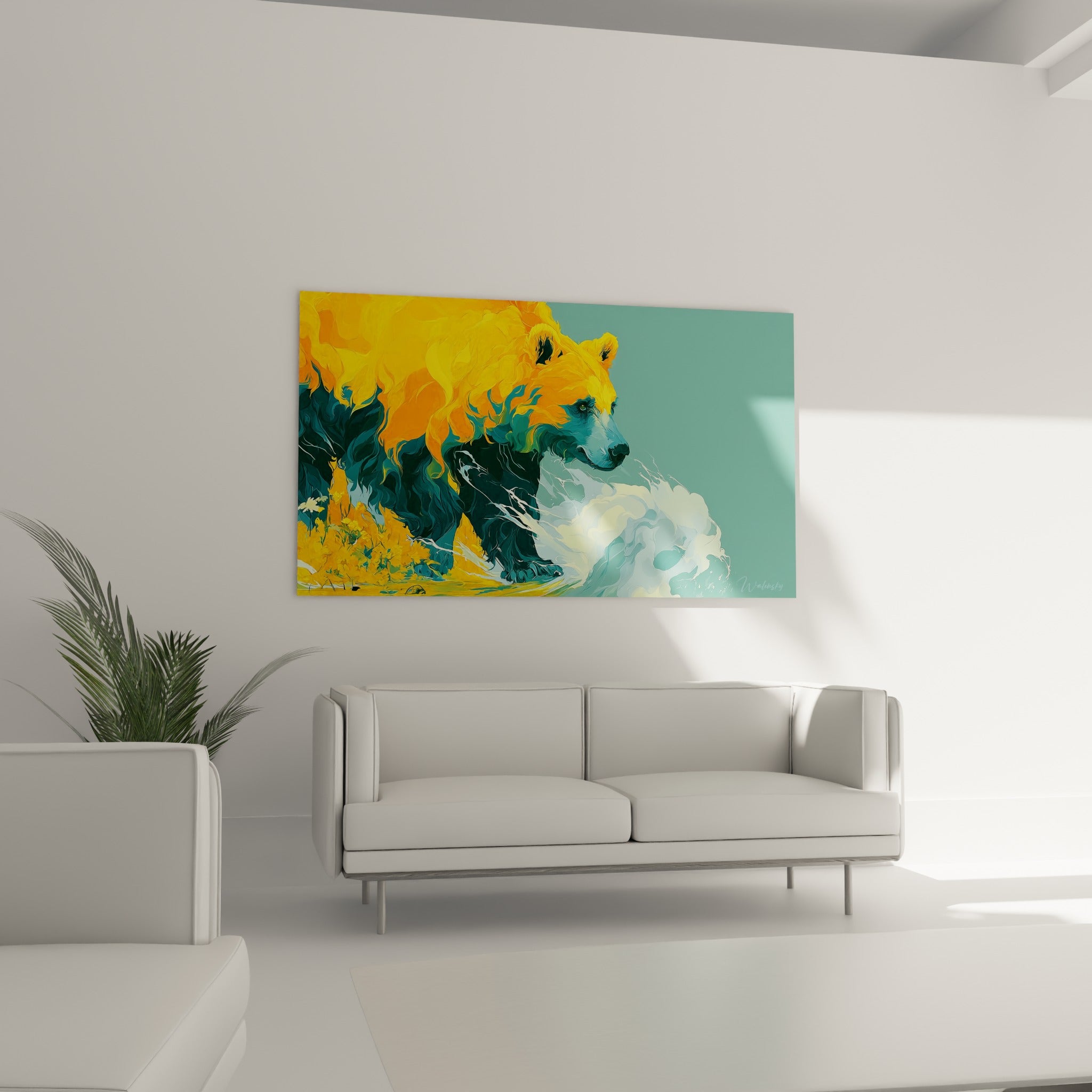Ours brun turquoise et doré traversant l'eau, accroché au-dessus d'un canapé dans un salon lumineux