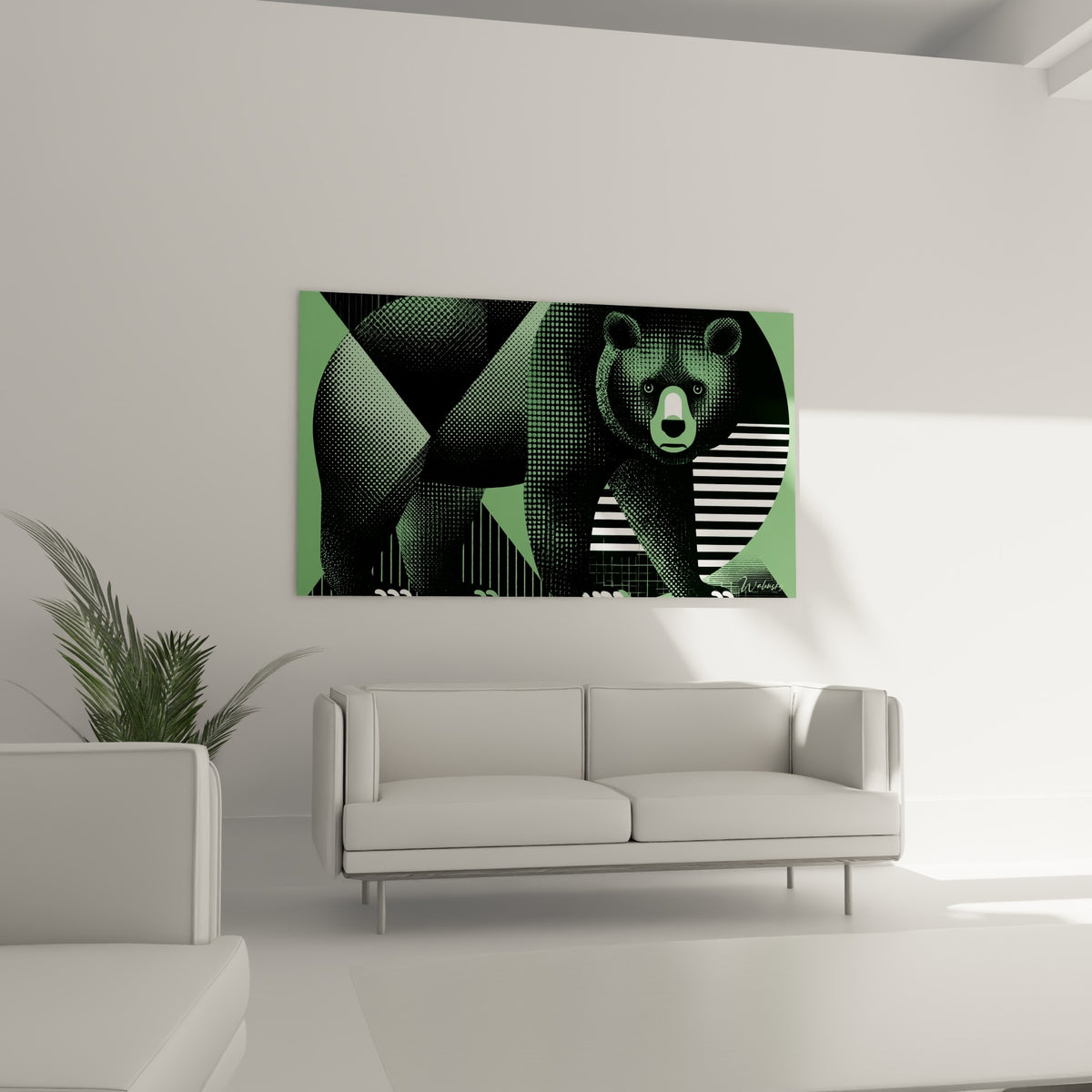 Motif graphique d'ours brun anthracite et vert sauge disposé au-dessus d'un canapé dans un salon lumineux