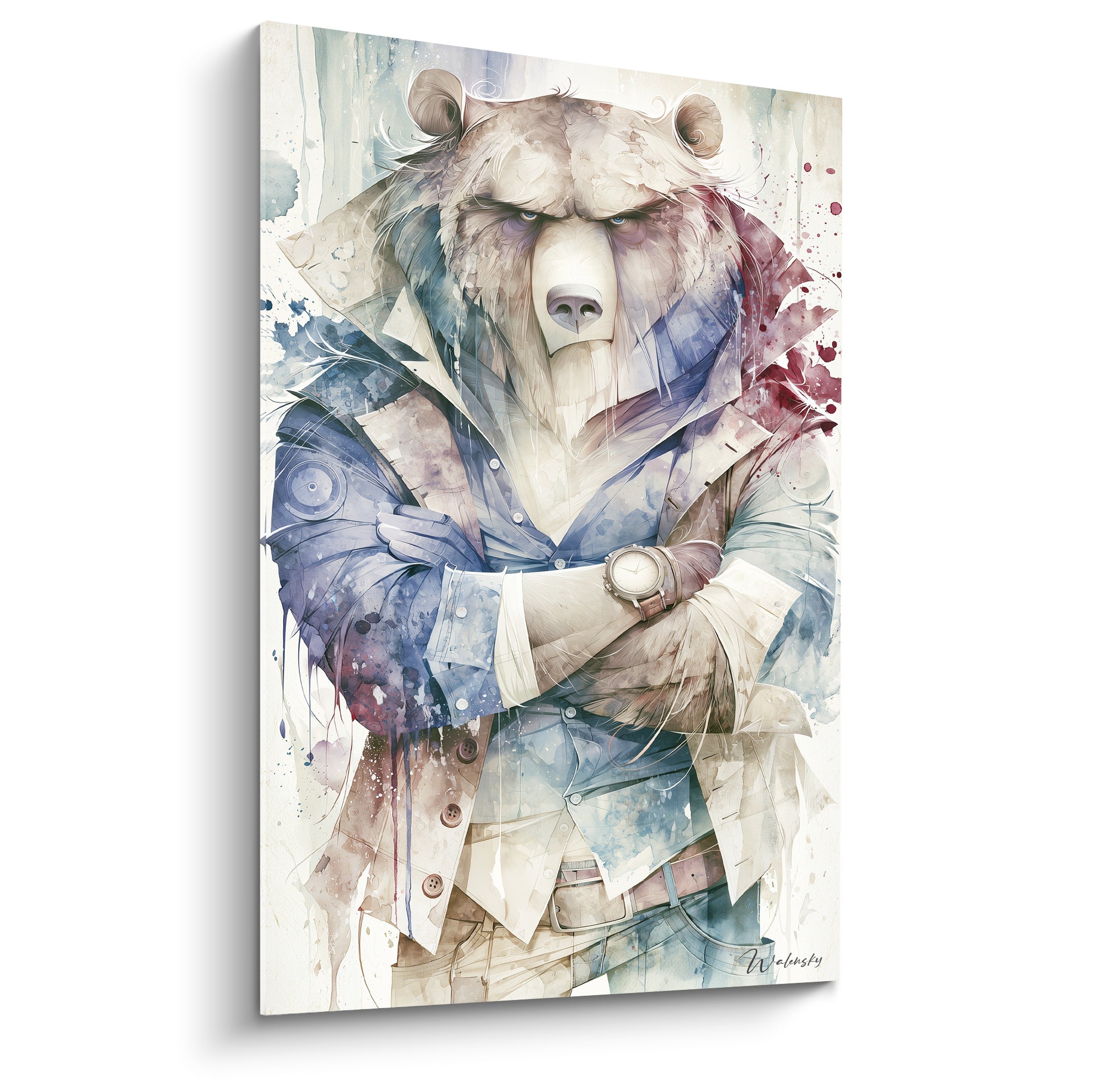 Ours brun bras croisés en veste bleu marine et bordeaux, regard perçant, technique aquarelle