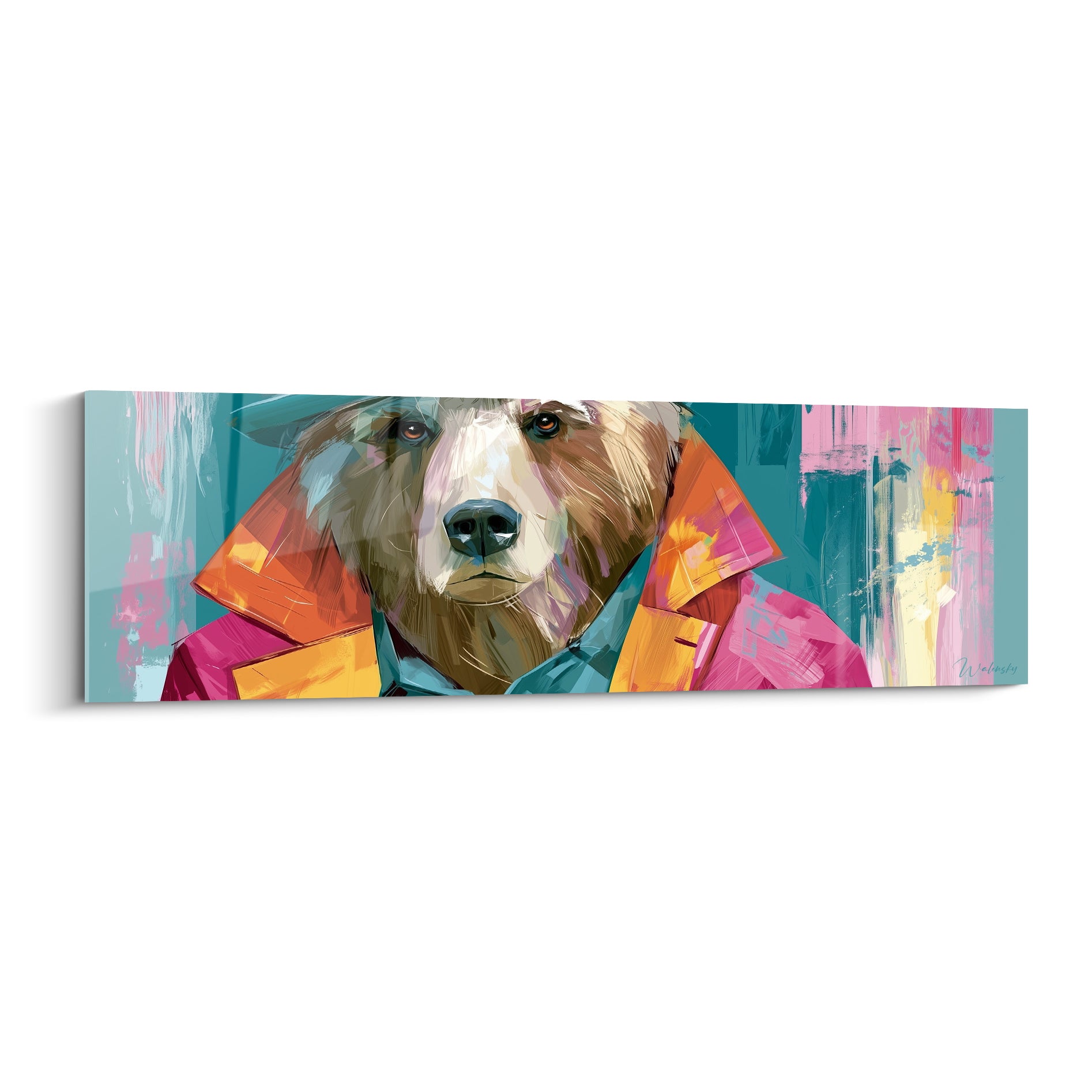 Ours brun au regard doux vêtu d'une veste orange et rose sur fond turquoise éclatant