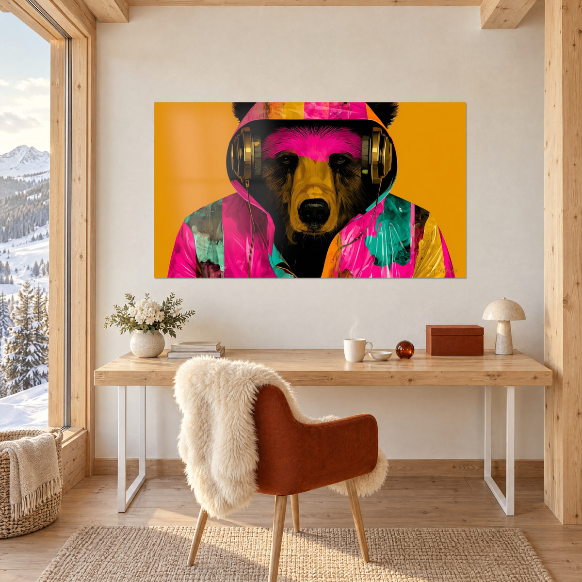 Tableau ours brun mélomane, front fuchsia, casque doré, veste turquoise éclaboussée, fond orangé, au-dessus d'un bureau clair avec chaise rouille