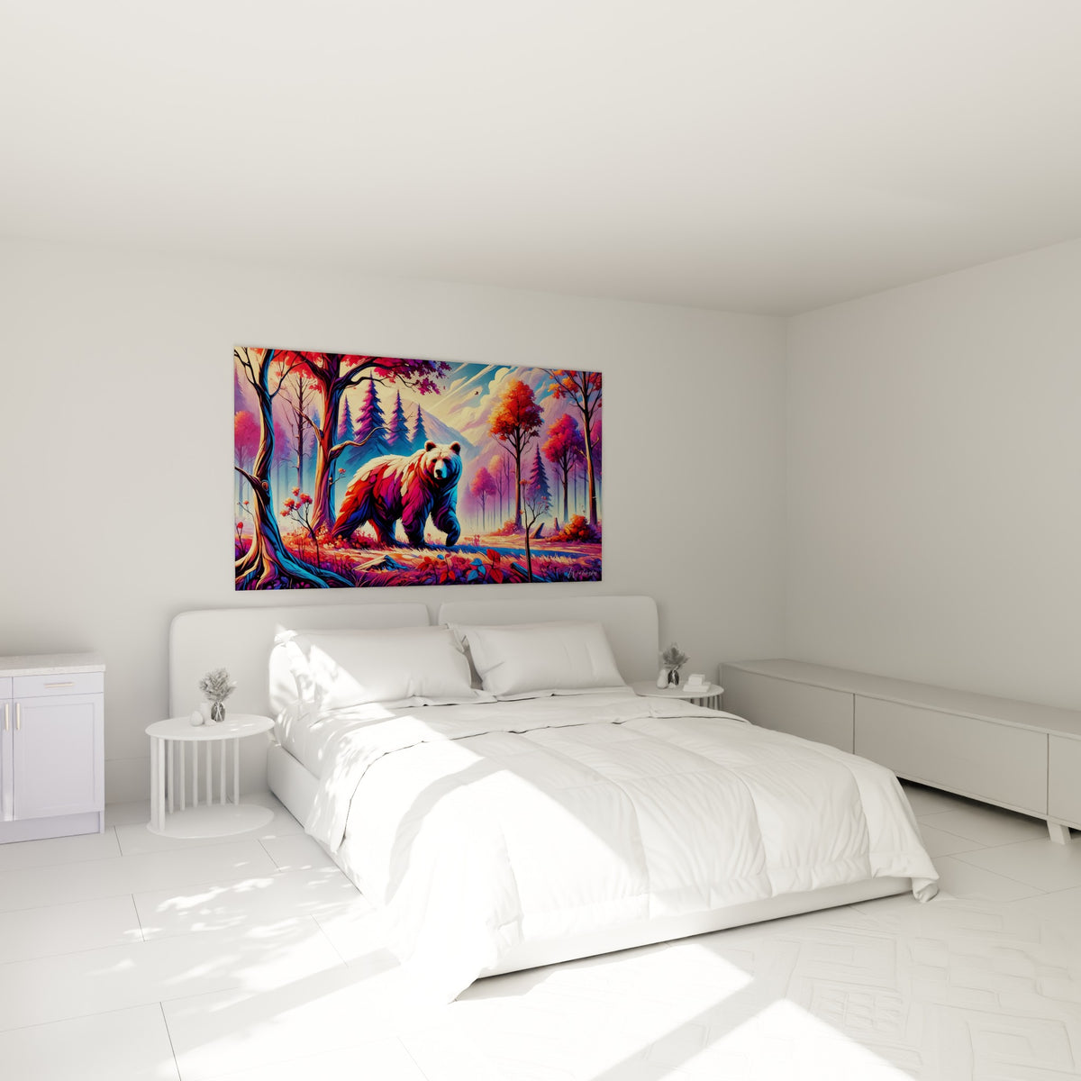 Silhouette d'ours brun aux teintes violettes accrochée au-dessus d'un lit dans une chambre claire.