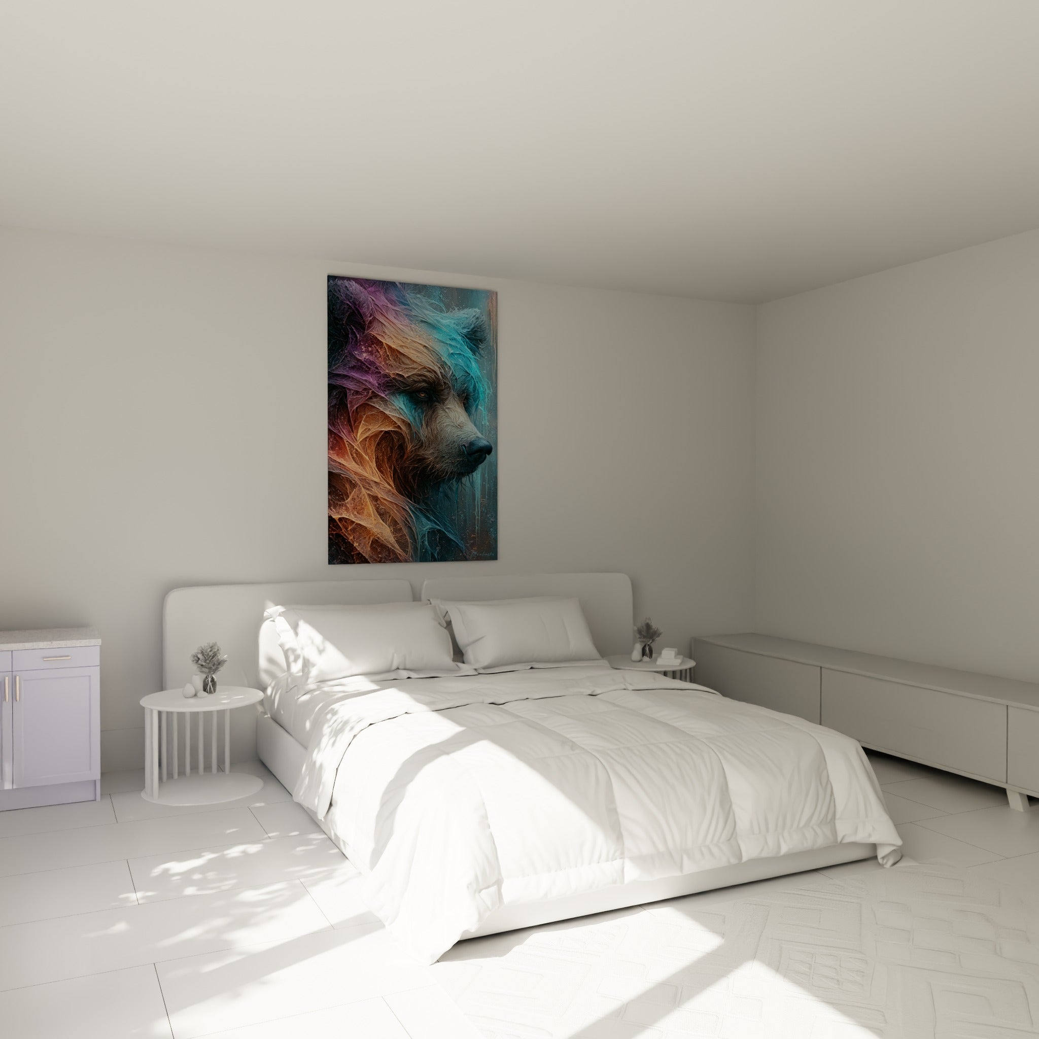 Museau d'ours brun aux reflets violets et dorés, accroché au-dessus d'un lit dans une chambre claire