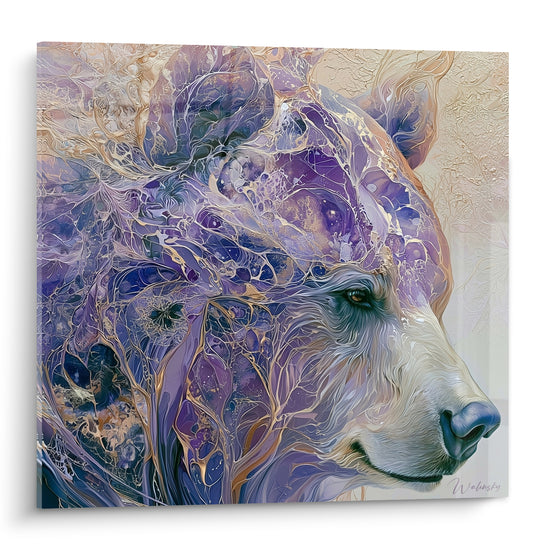 Ours brun au pelage violet et doré façon marbré, regard sombre et museau clair réaliste