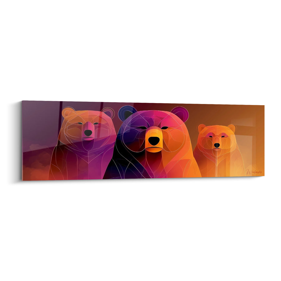 Tableau Trio d'ours violet et orange géométrique - Veille familiale - Edition Ours brun