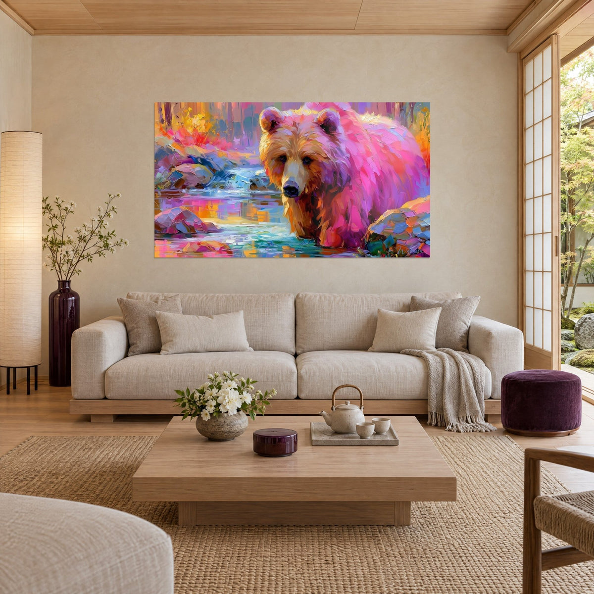 Quadro di orso grizzly dal pelo rosa e malva che guada un'acqua turchese, rocce viola a pennellate spesse, sopra un divano in un soggiorno luminoso