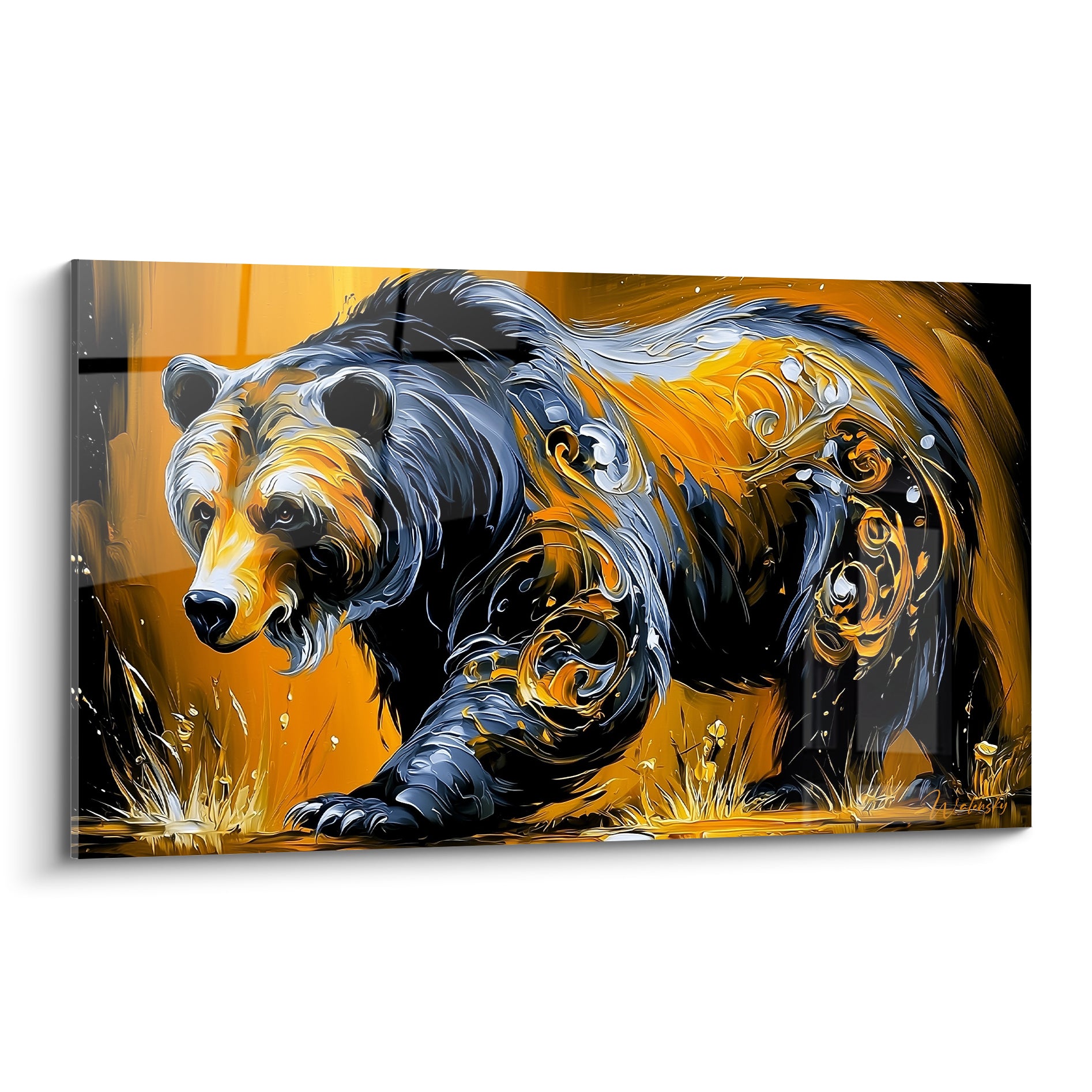 Ours brun en marche, pelage anthracite et volutes dorées, fond ambre vibrant