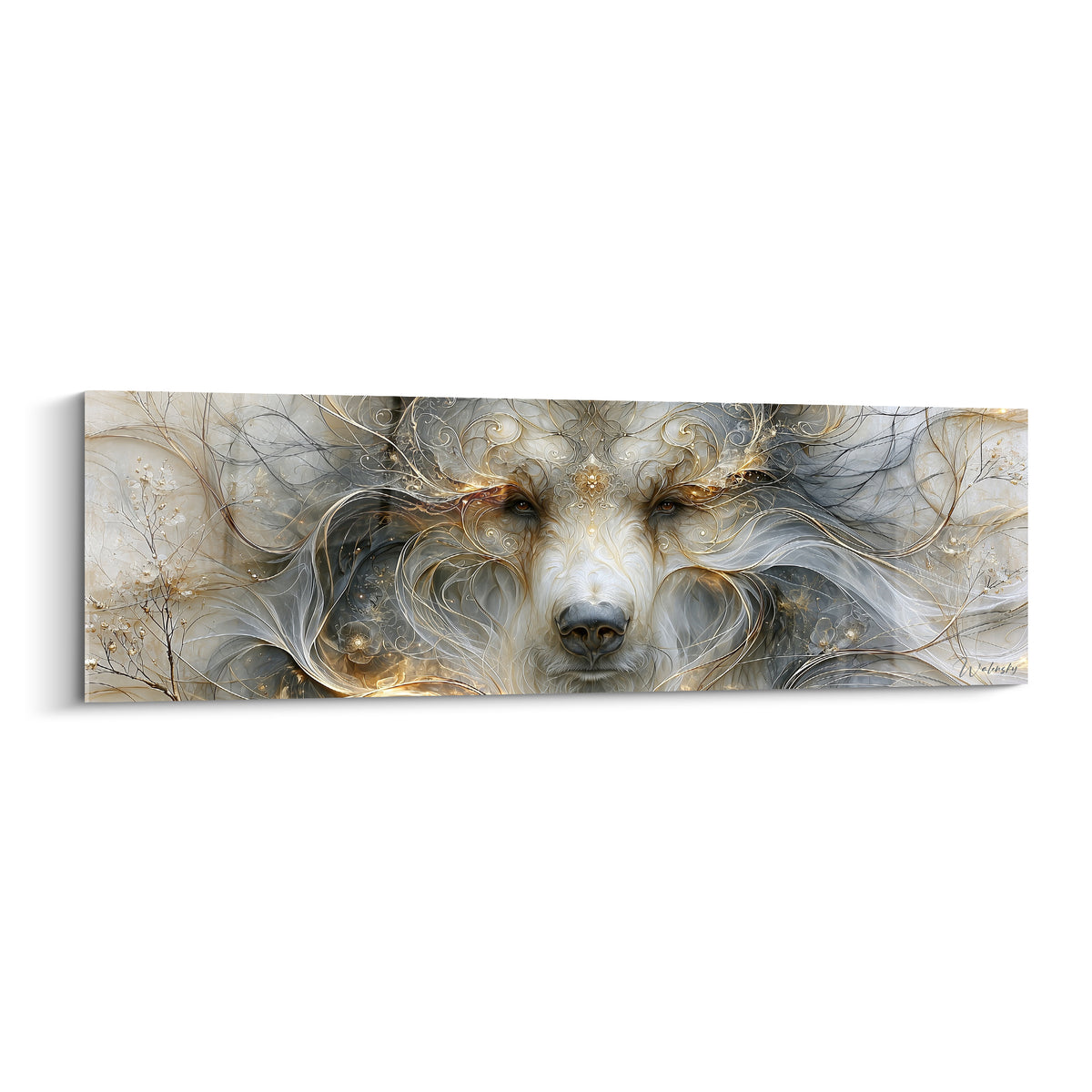 Ours brun aux yeux mi-clos, filaments dorés et ivoire, museau sombre, style onirique symboliste
