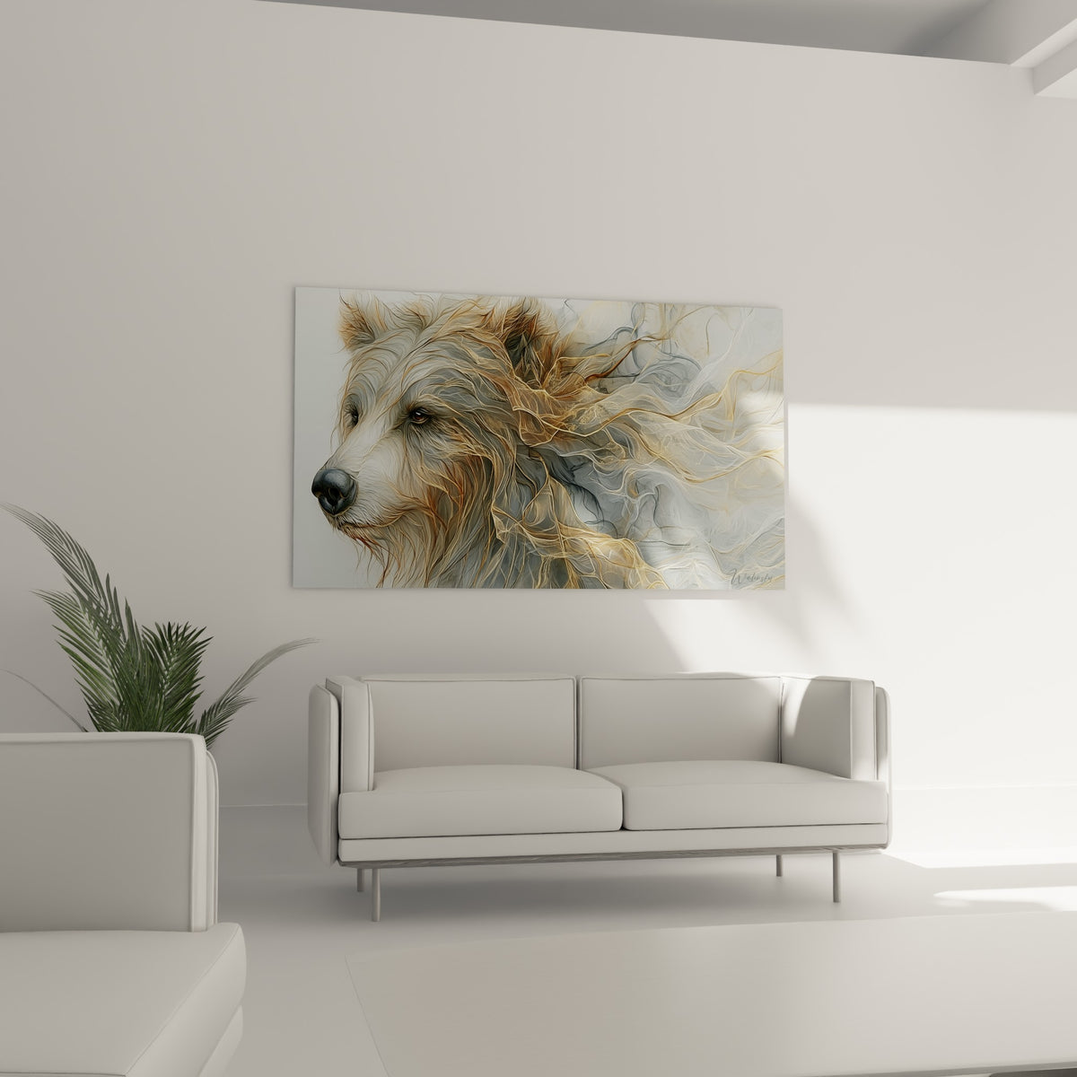 Museau d'ours brun aux mèches dorées et grises fluides, au-dessus d'un canapé dans un salon lumineux