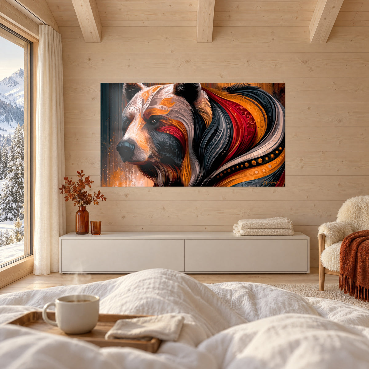 Tableau plantigrade au pelage de volutes crème et rouge, fond ambre, accroché au-dessus d'un lit dans une chambre claire