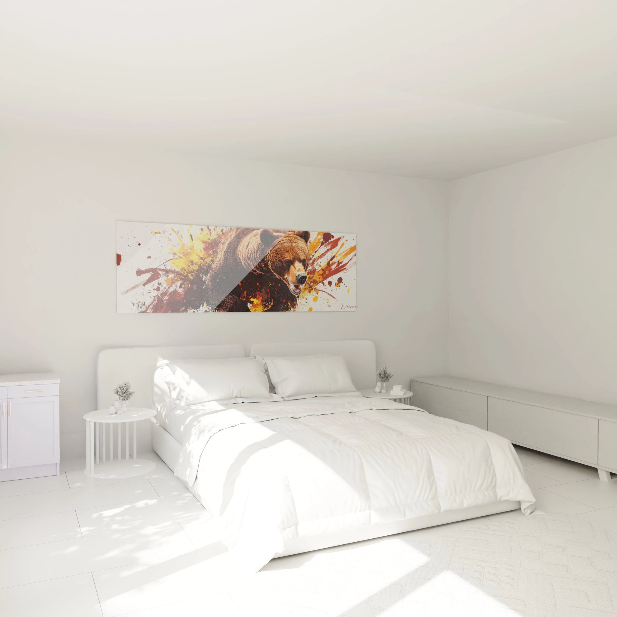 Tableau ours brun coloré signé Walensky accroché au-dessus d'un lit blanc dans une chambre moderne