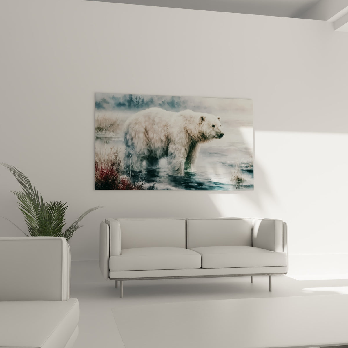 Silhouette imposante de l'ours polaire aux nuances bordeaux et anthracite au-dessus d'un canapé dans un salon lumineux