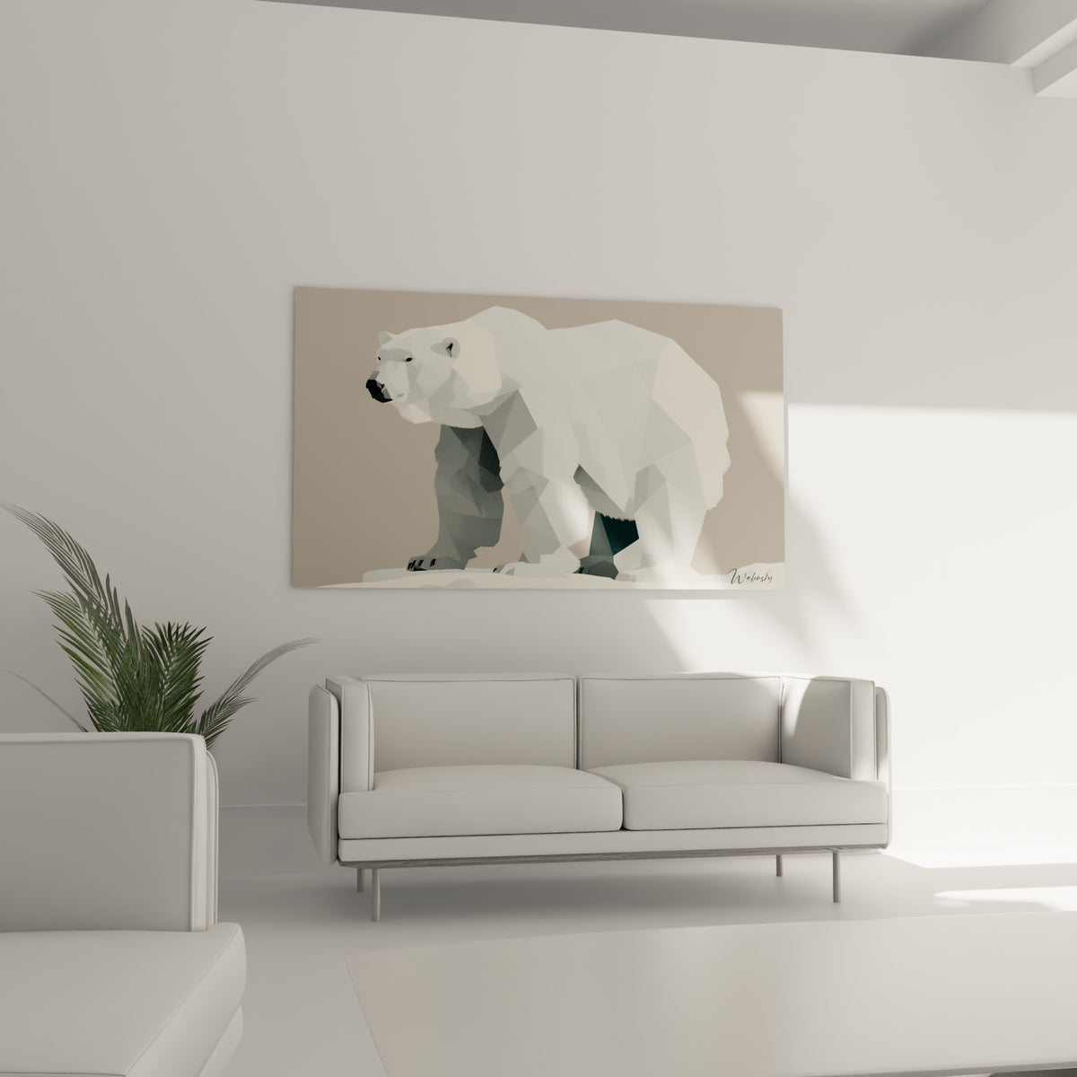 Figure d'ours polaire polygonale beige et gris positionnée au-dessus d'un canapé dans un salon lumineux