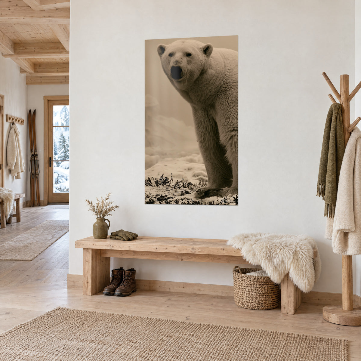 Ours polaire anthracite et blanc immortalisé dans la neige, suspendu au-dessus d'un canapé dans un salon lumineux