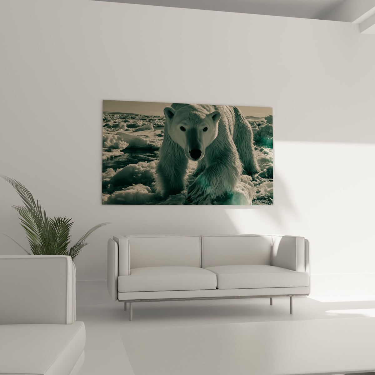 Silhouette massive d'un ours polaire sépia et gris au-dessus d'un canapé dans un salon lumineux
