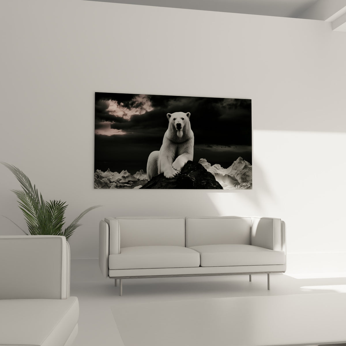 Silhouette blanche majestueuse sur fond anthracite et icebergs gris, au-dessus d'un canapé dans un salon lumineux