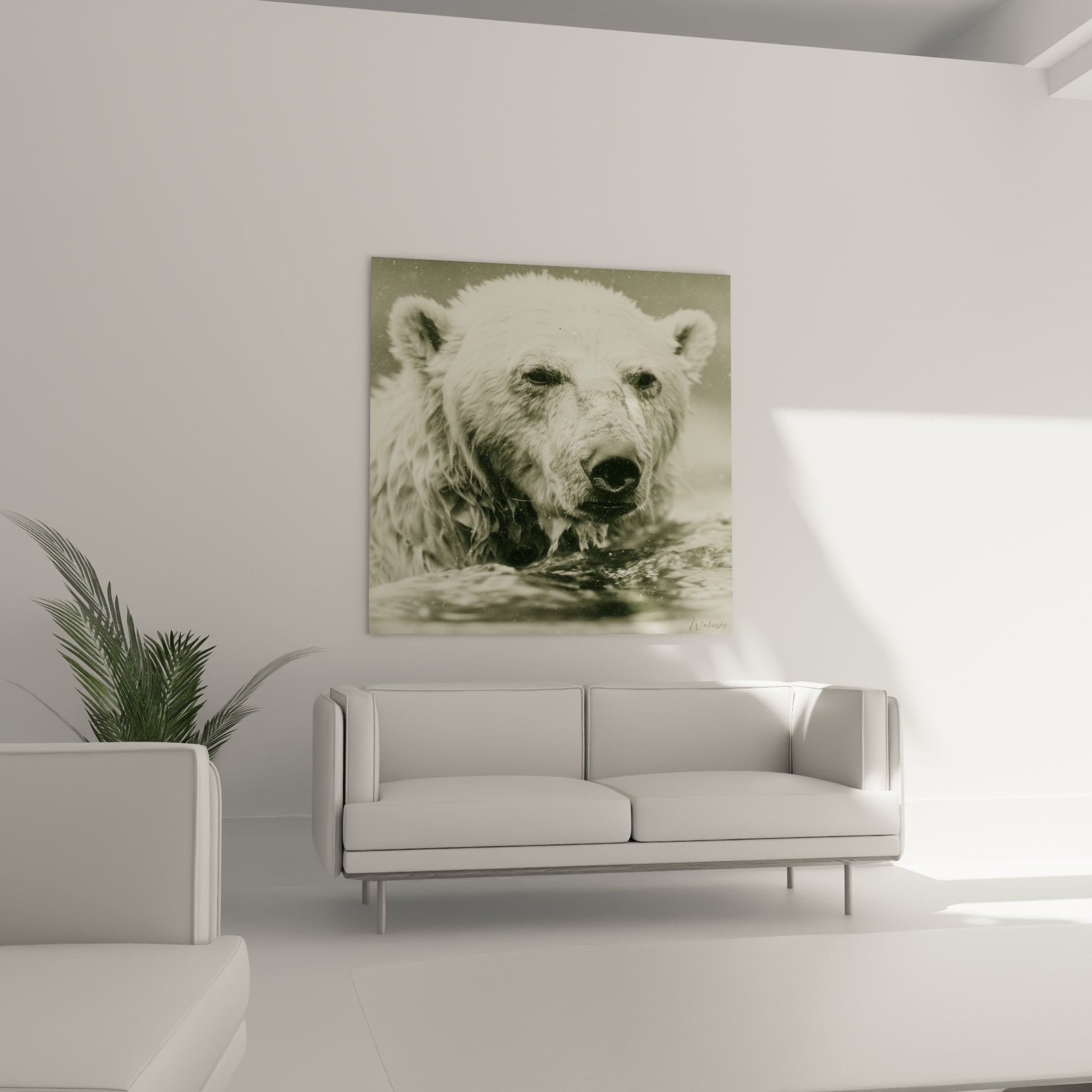 Tête d'ours polaire ruisselante, tons anthracite et crème, suspendue au-dessus d'un canapé dans un salon lumineux