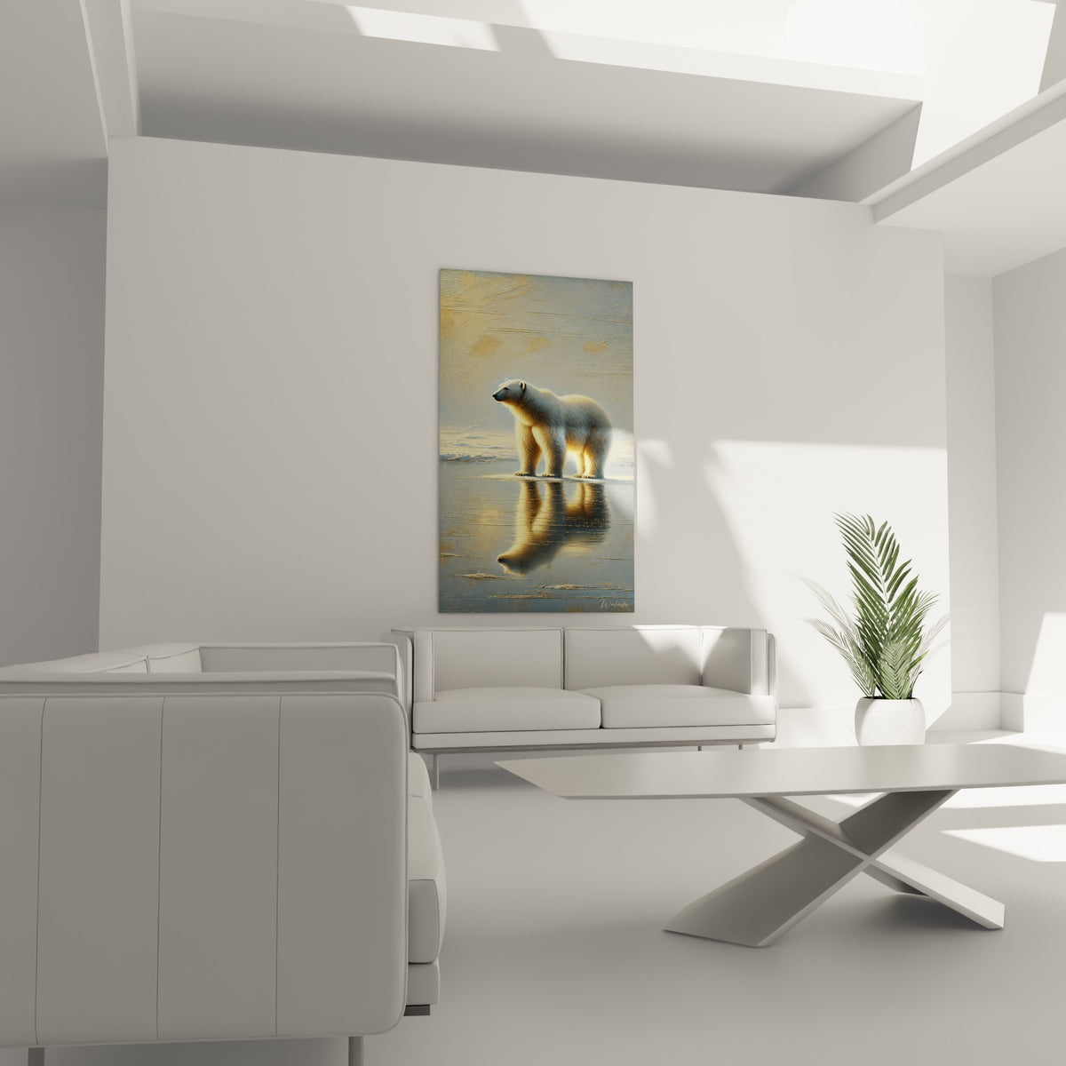 Ours polaire solitaire aux tons dorés et bleu-gris, suspendu au-dessus d'un canapé dans un salon lumineux