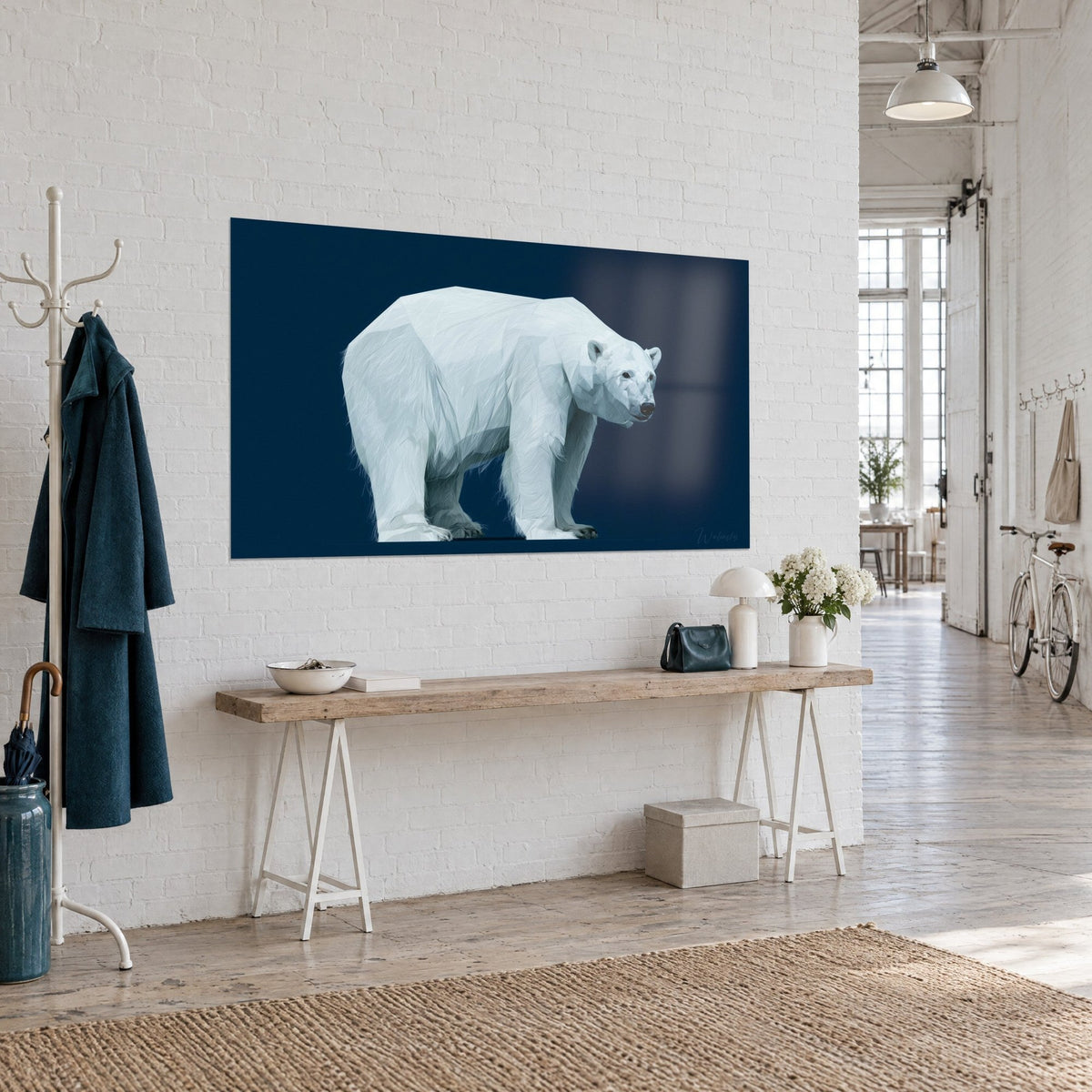 Wall art large geometric white bear, bluish fur, three-quarter profile on navy, wooden console, artist loft