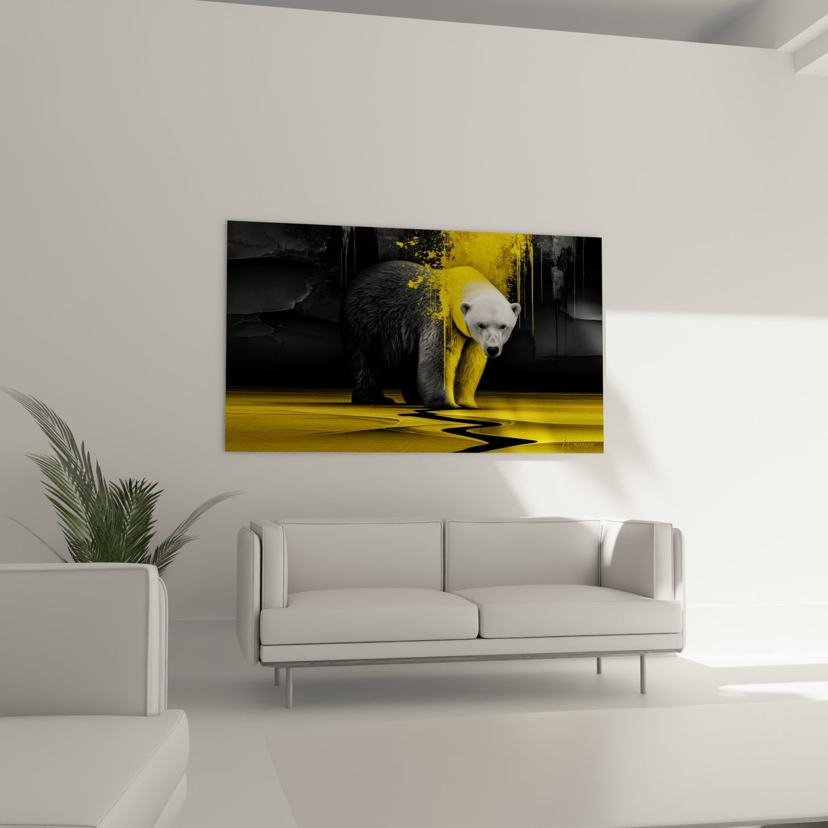 Silhouette massive d'un ours polaire doré et noir suspendue au-dessus d'un canapé dans un salon lumineux