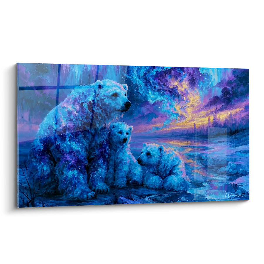 Tableau Ours polaires bleu et violet aurore boréale - Veillée nocturne - Edition Ours polaire