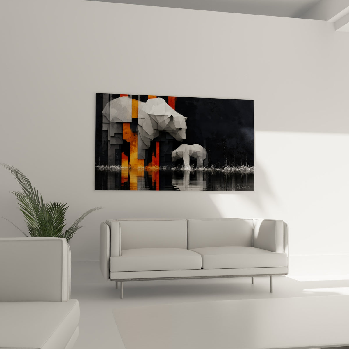 Silhouettes d'ours polaires géométriques gris et orange incandescent au-dessus d'un canapé dans un salon lumineux