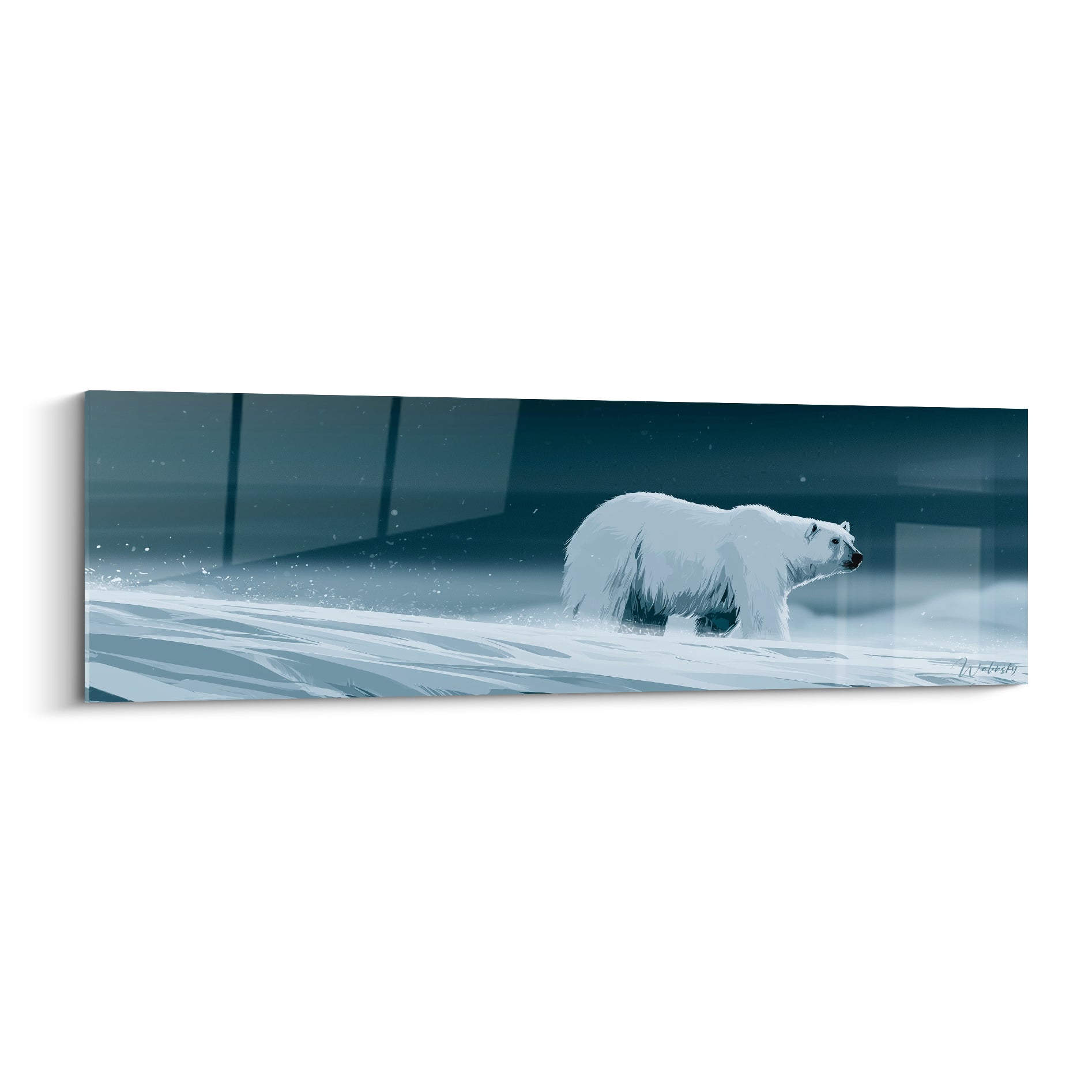 Ours polaire blanc avançant sur banquise bleutée, tempête de neige nocturne