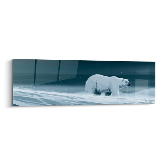 Ours polaire blanc avançant sur banquise bleutée, tempête de neige nocturne