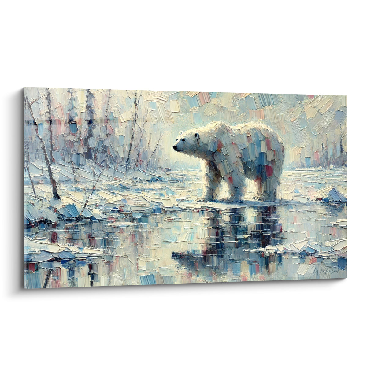 Ours polaire blanc et bleu pastel marchant sur la banquise fracturée, touches empâtées façon mosaïque