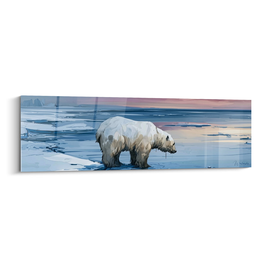 Tableau Ours polaire blanc et beige au bord de l'eau - Banquise sous ciel rosé - Edition Ours polaire
