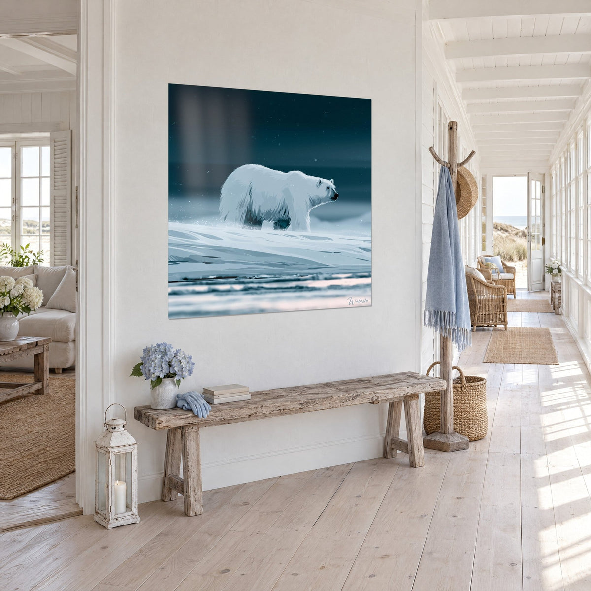 Wall art large white polar bear walking across the pack ice, suspended snowflakes, petrol blue and white, hallway in three-quarter view