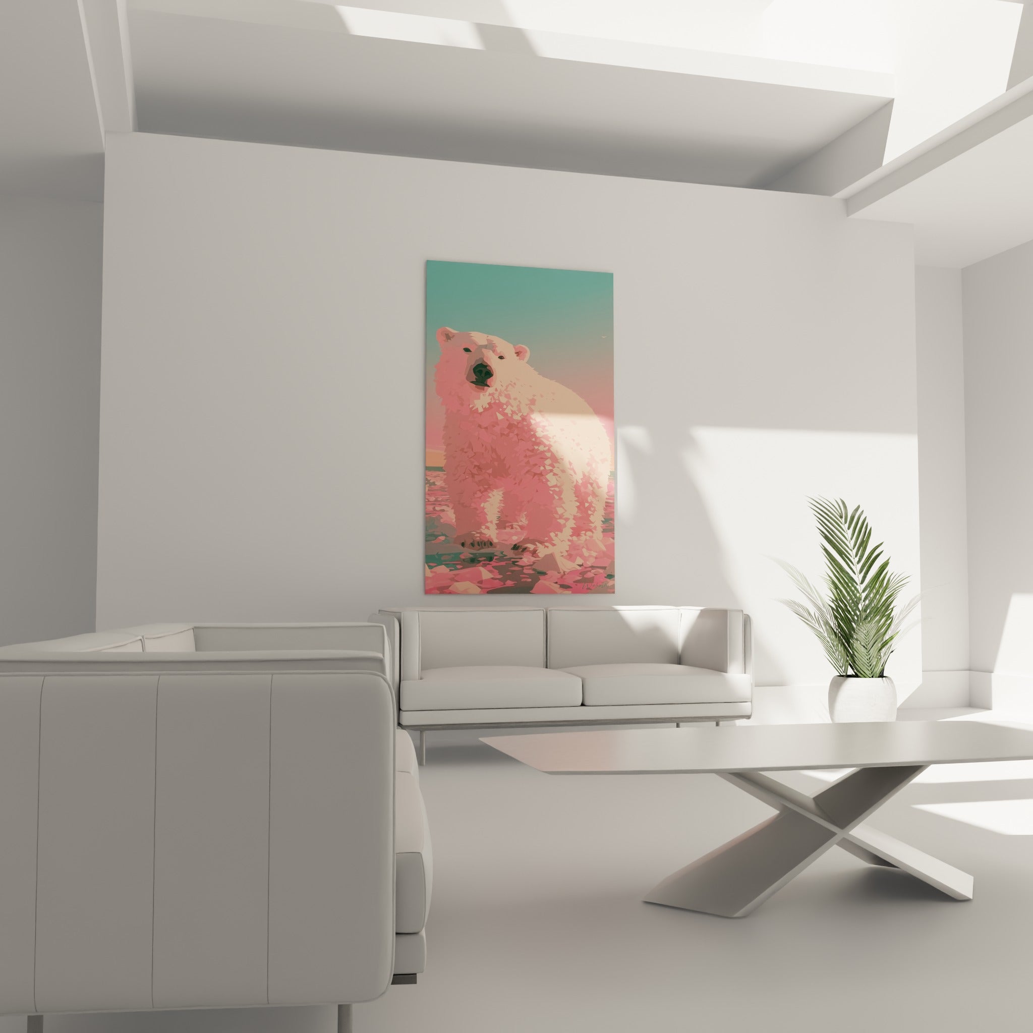 Silhouette d'ours polaire corail et rose sur glace stylisée, au-dessus d'un canapé dans un salon lumineux