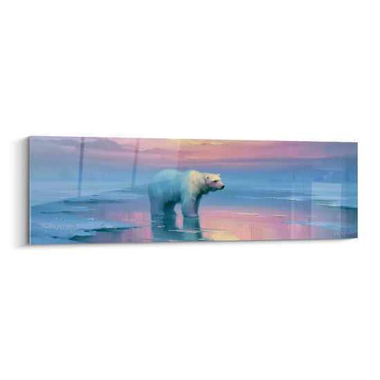 Ours polaire debout sur la banquise, pelage blanc cassé, ciel rose et bleu glacier au crépuscule