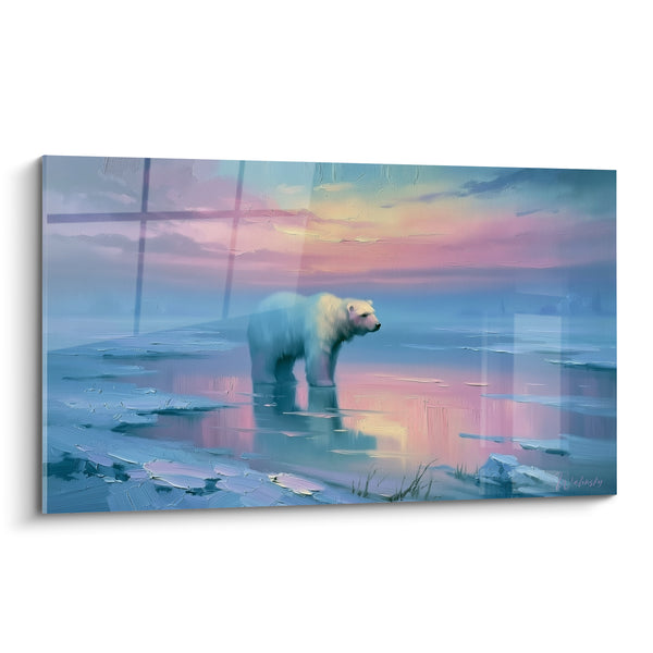 Tableau Ours polaire blanc et rose sur banquise fondante - Reflet du crépuscule pastel - Edition Ours polaire