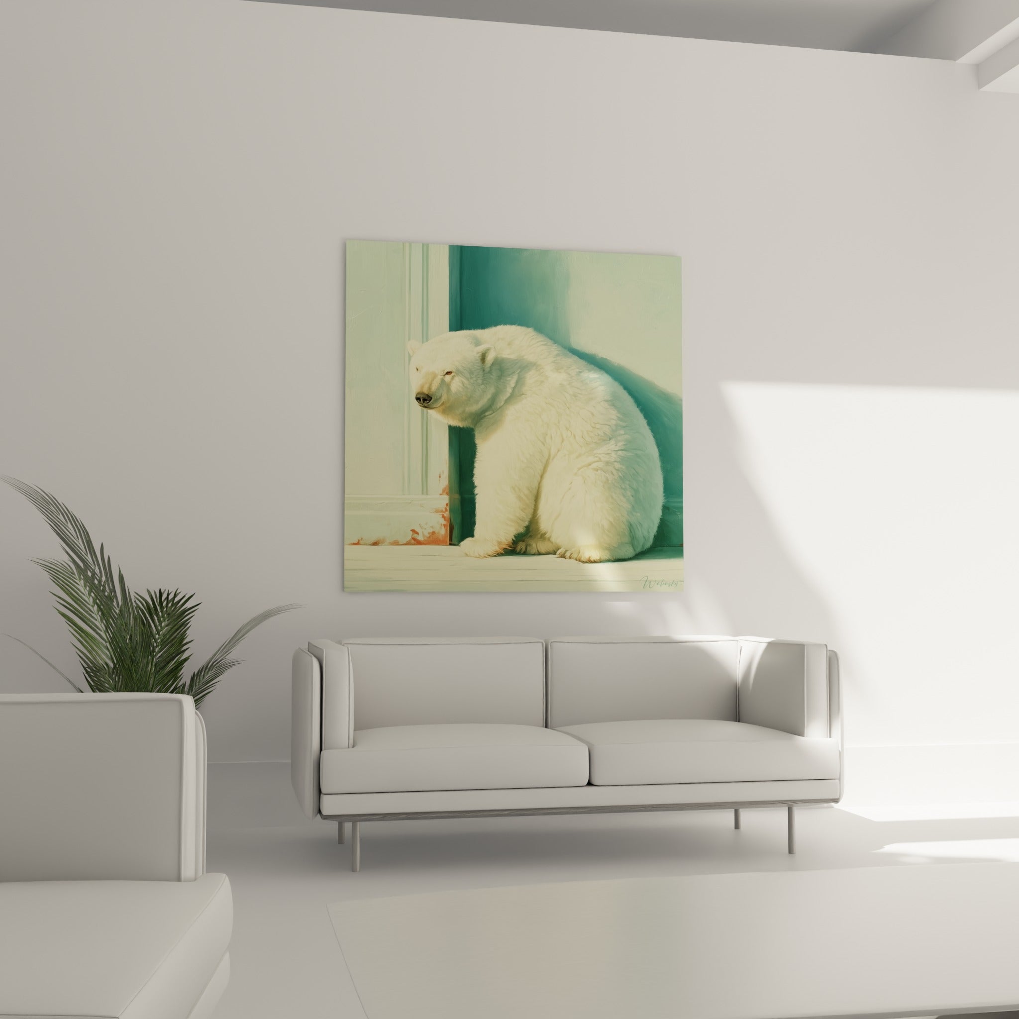 Silhouette turquoise et crème de l'ours polaire au-dessus d'un canapé dans un salon lumineux