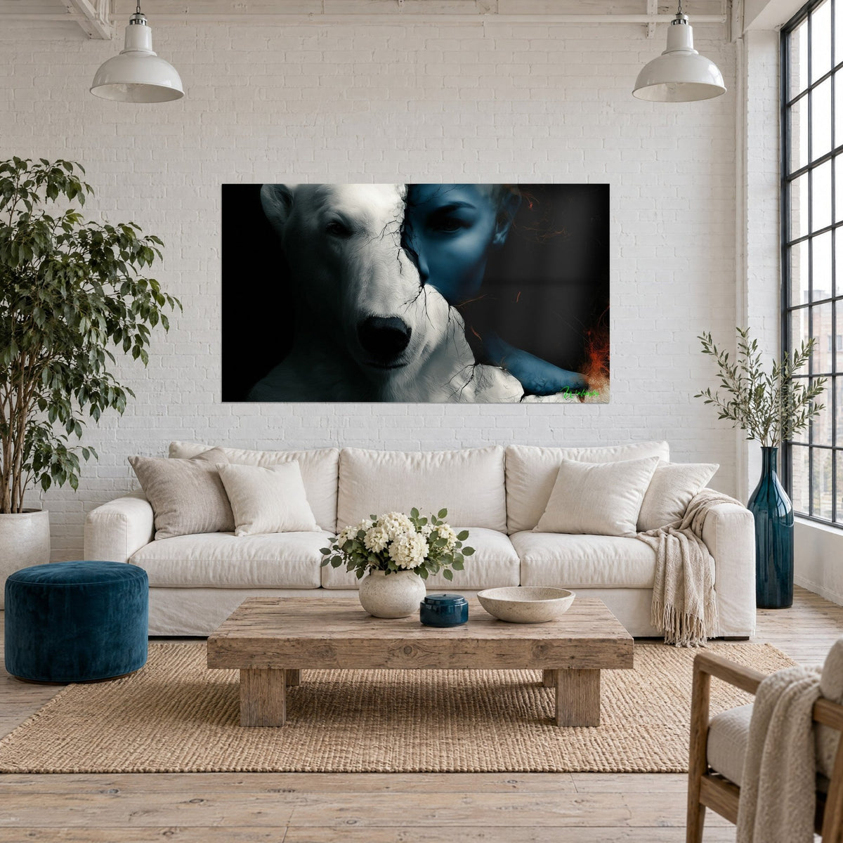 Wall art white polar bear fused with a midnight-blue face, black cracks, dark background, above a sofa in a bright living room