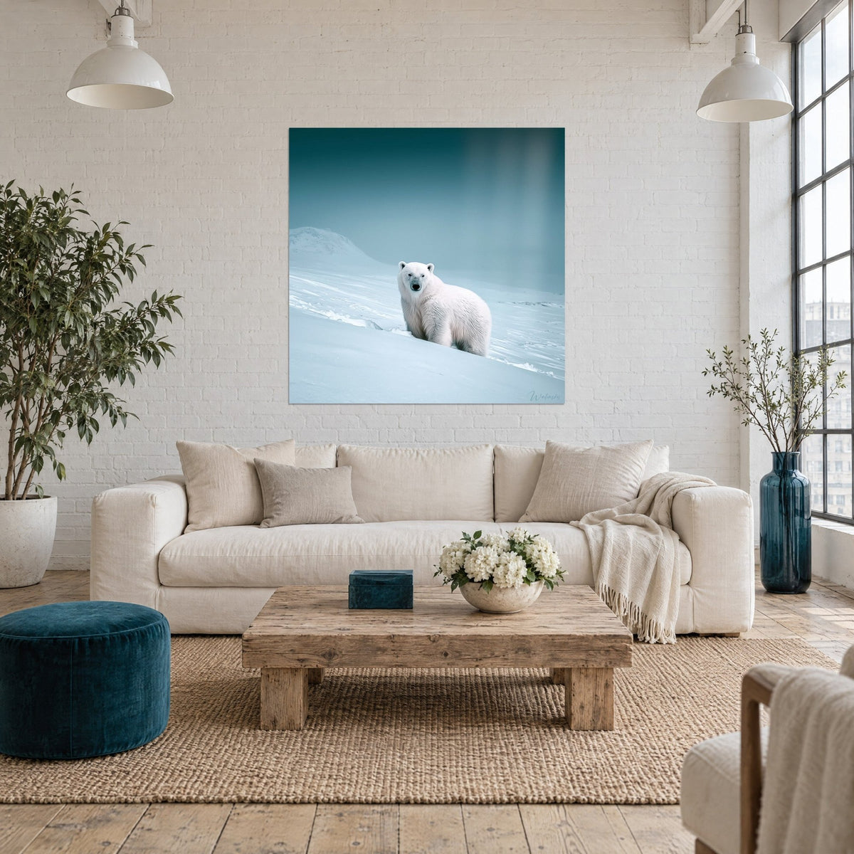 Gemälde Eisbär mit cremefarbenem Fell auf bläulichem Schnee, tannengrüner Himmel, über einem Sofa in einem hellen Wohnzimmer