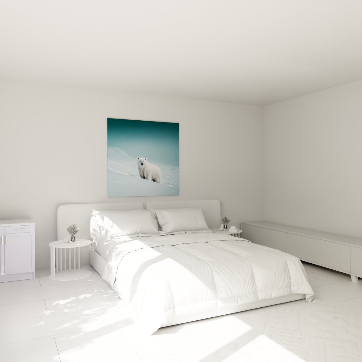 Silhouette d'ours polaire blanc et bleu pétrole au-dessus d'un lit dans une chambre claire