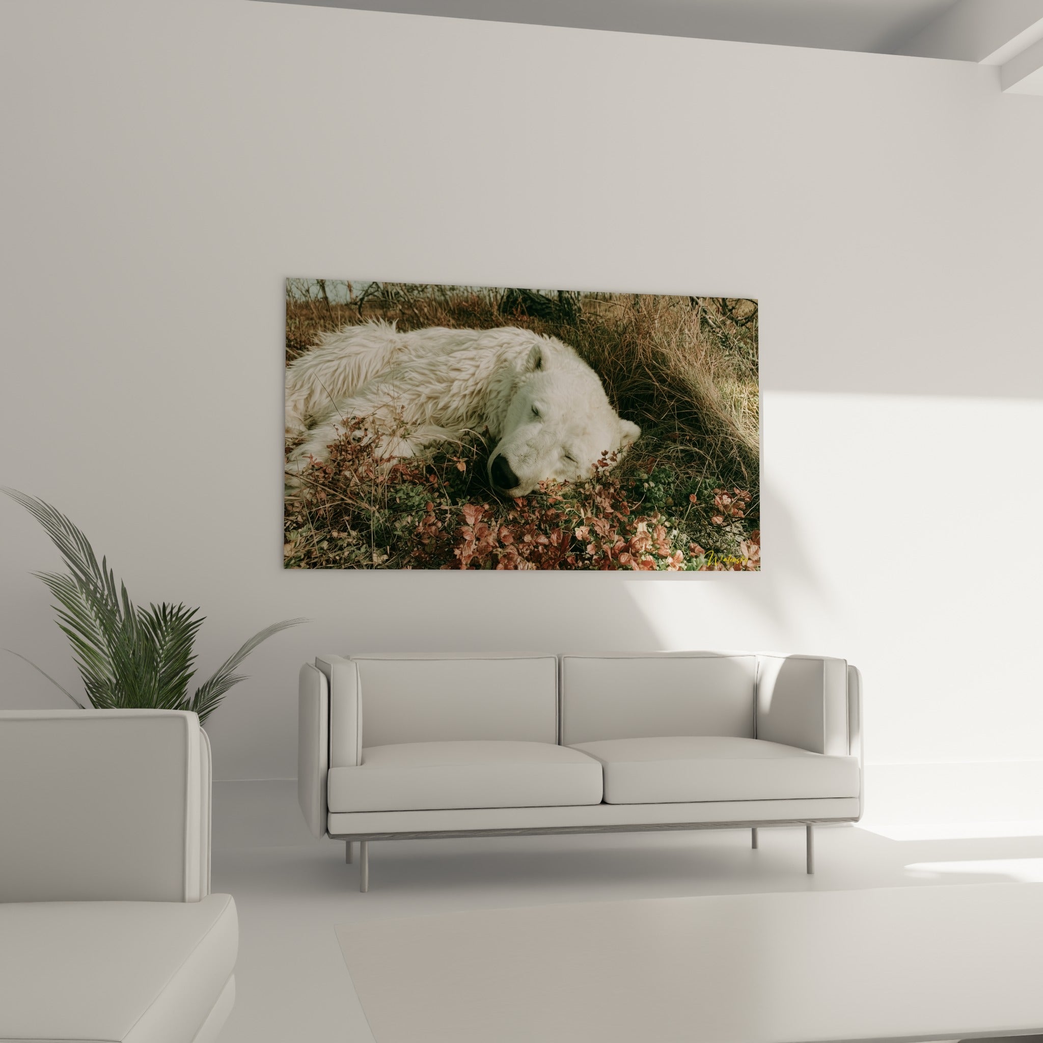 Ours polaire assoupi entre herbes sèches et feuillage terracotta, au-dessus d'un canapé dans un salon lumineux.