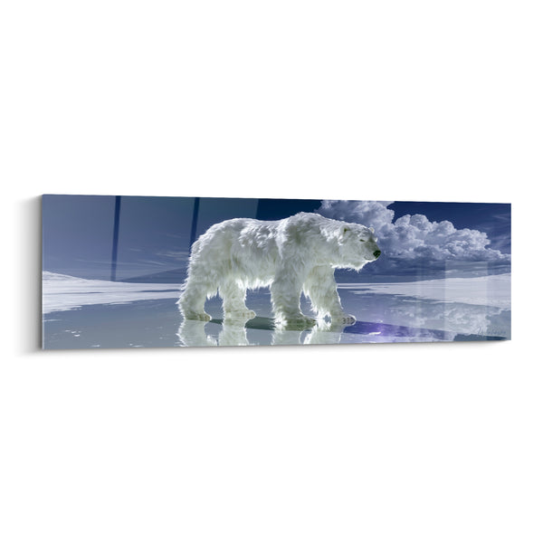 Tableau Ours polaire blanc et bleu marchant sur banquise miroitante - Nuages cotonneux à l'horizon - Edition Ours polaire