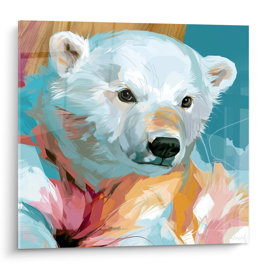 Tableau Ourson blanc aux touches corail et bleu canard - Regard d'innocence - Edition Ours polaire