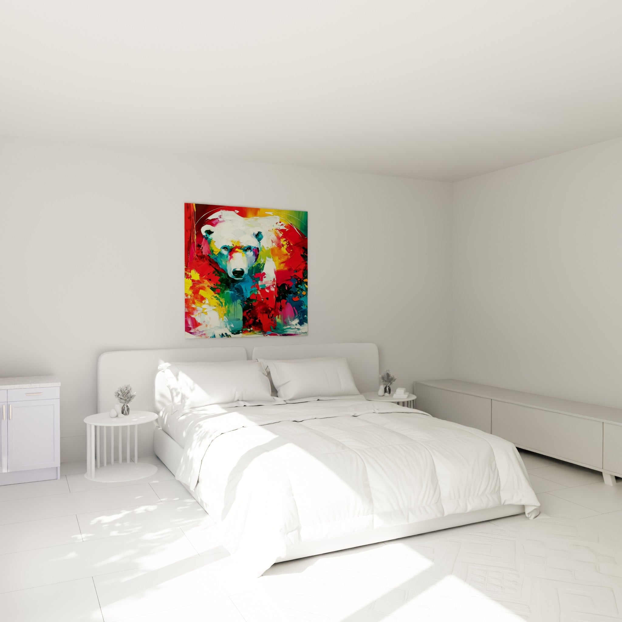Museau blanc et bleu de l'ours polaire dans un camaïeu rouge, au-dessus d'un lit dans une chambre claire
