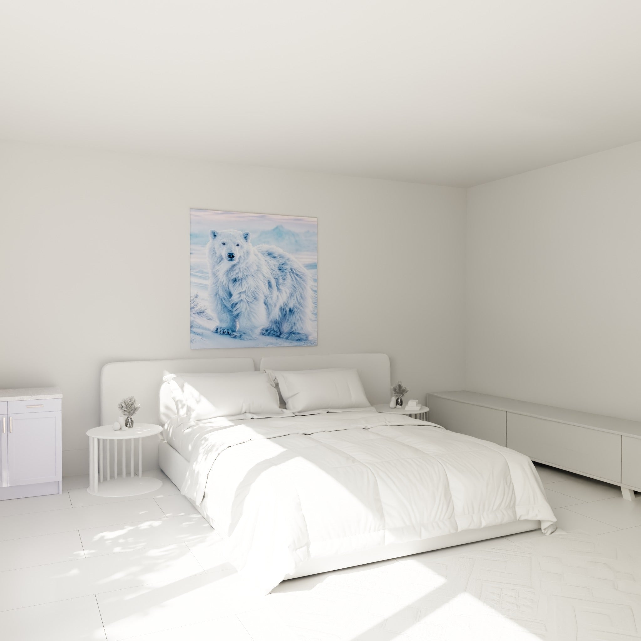 Silhouette d'ours polaire blanc et bleu pastel accrochée au-dessus d'un lit dans une chambre claire