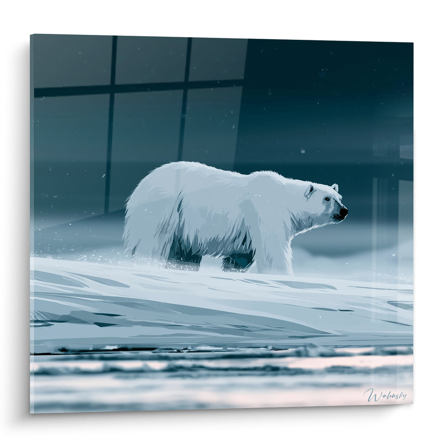 Tableau Ours polaire blanc et bleu sous la neige tombante - Flocons en suspension - Edition Ours polaire