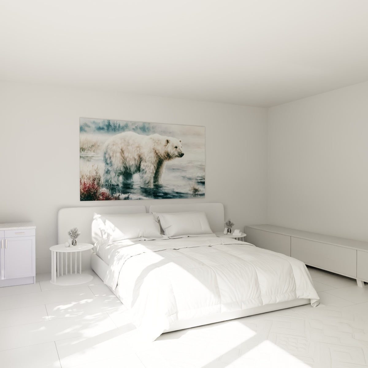 Animal majestueux aux teintes blanches et bleu pastel accroché au-dessus d'un lit dans une chambre claire
