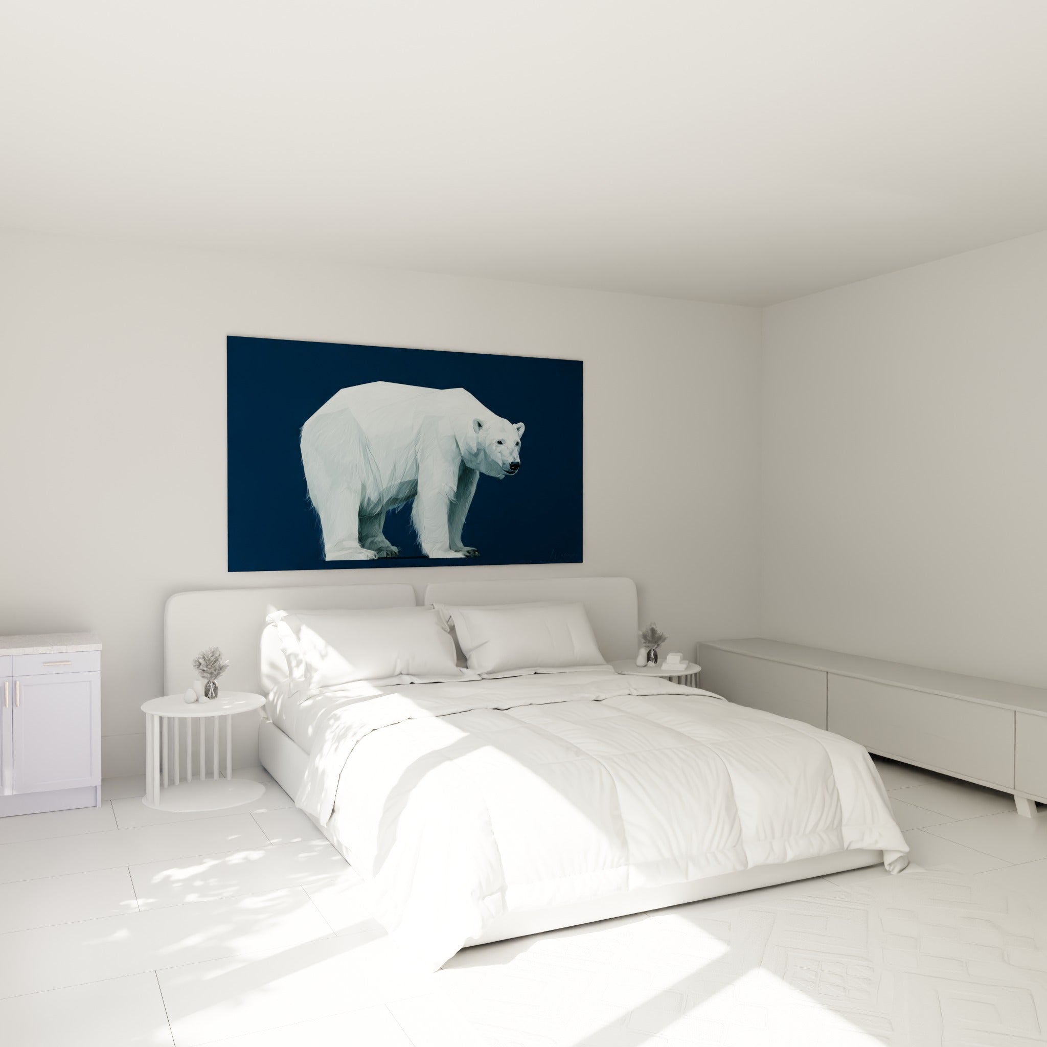 Silhouette d'ours polaire blanc sur fond bleu marine accrochée au-dessus d'un lit dans une chambre claire