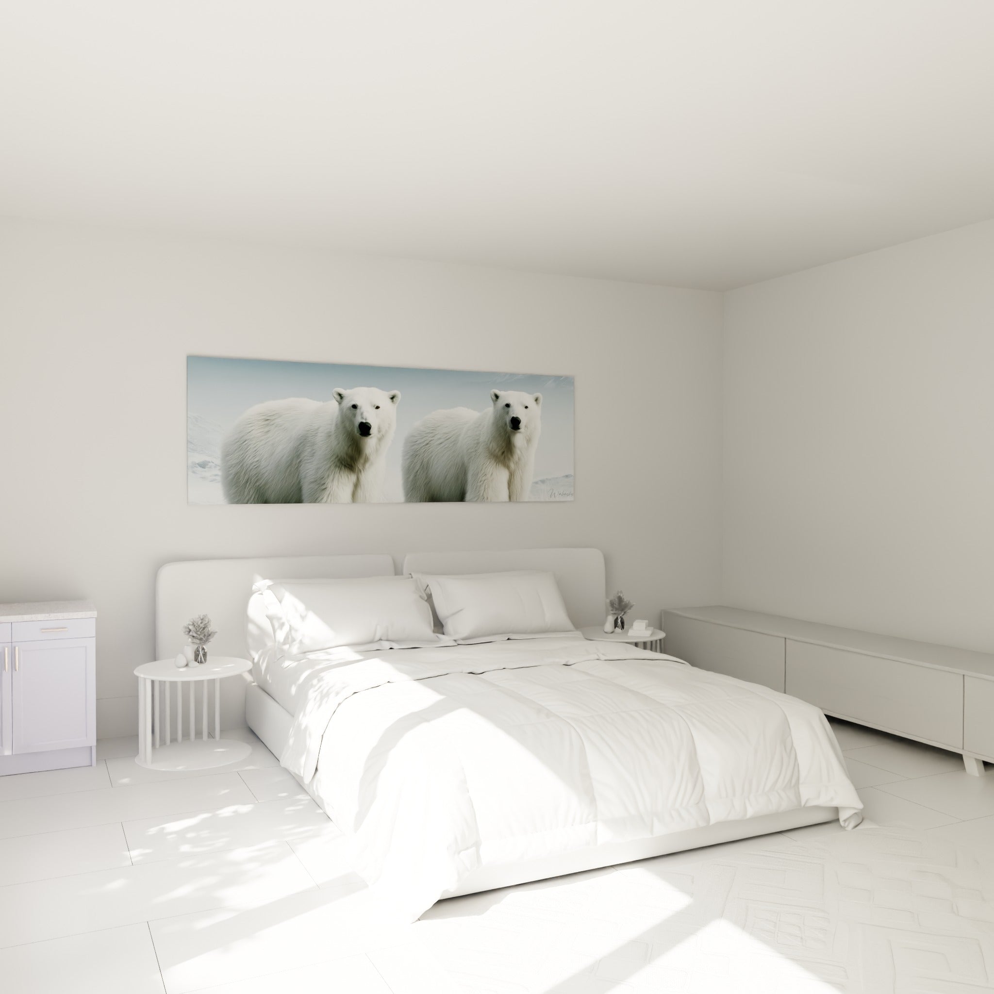 Duo d'ours polaires blancs et bleu pastel accroché au-dessus d'un lit dans une chambre claire