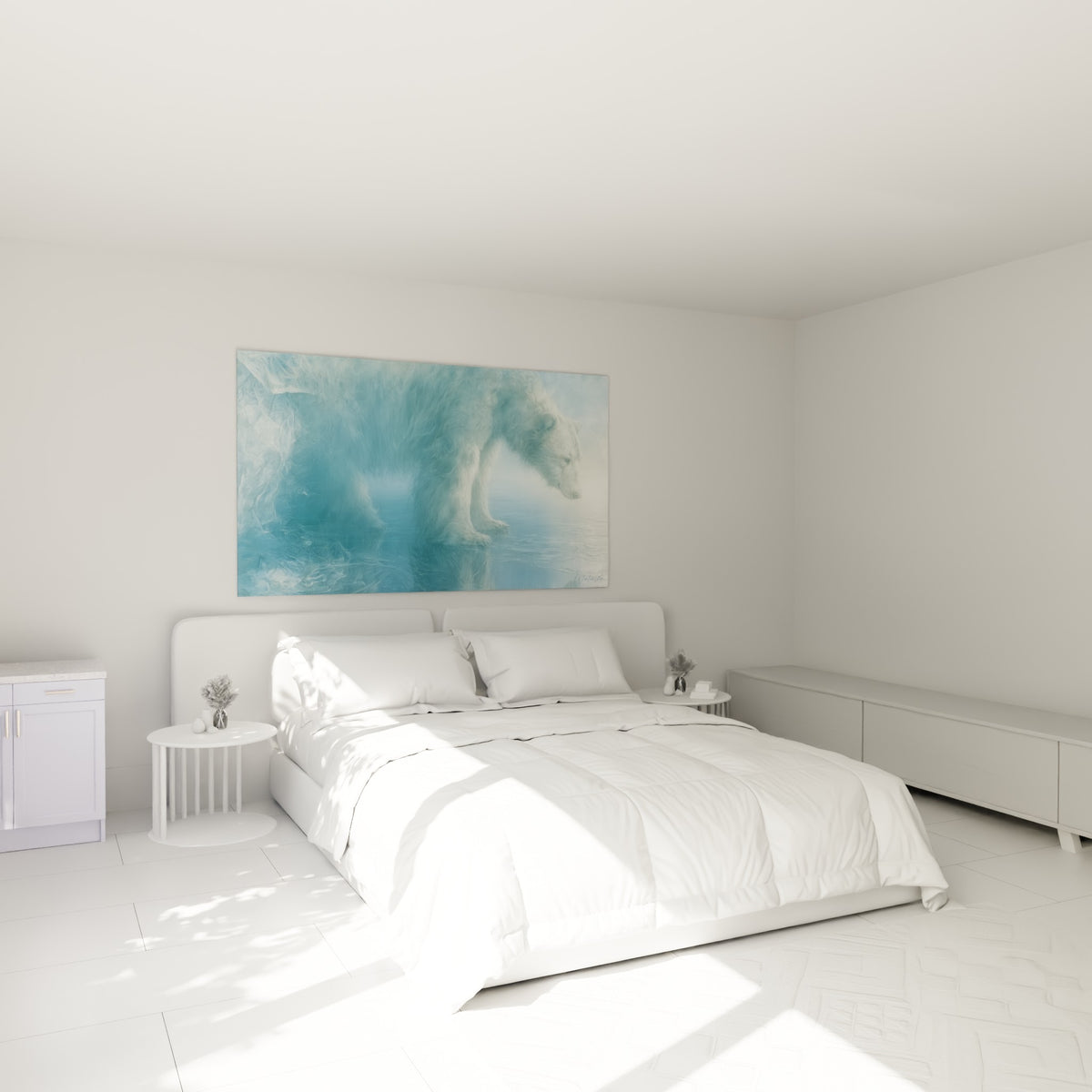 Silhouette d'ours polaire bleu givré et blanc au-dessus d'un lit dans une chambre claire